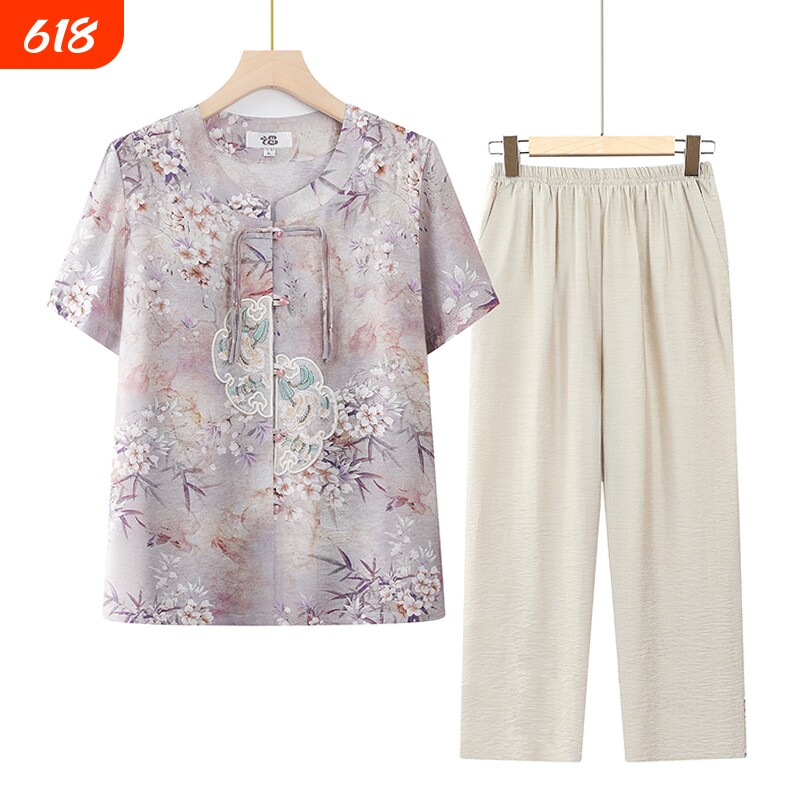 夏天夏装女国风套装妈妈短袖衬衫老人衣服奶奶中老年人两件套薄款