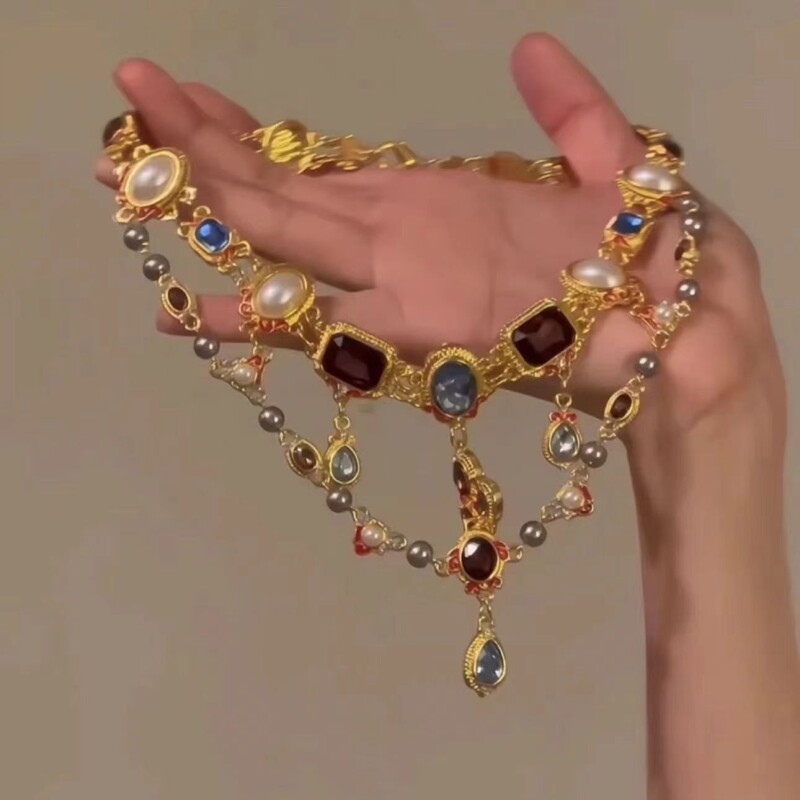 彩色珍珠项链女vintage巴洛克流苏双层锁骨链颈链潮爱心轻奢镀