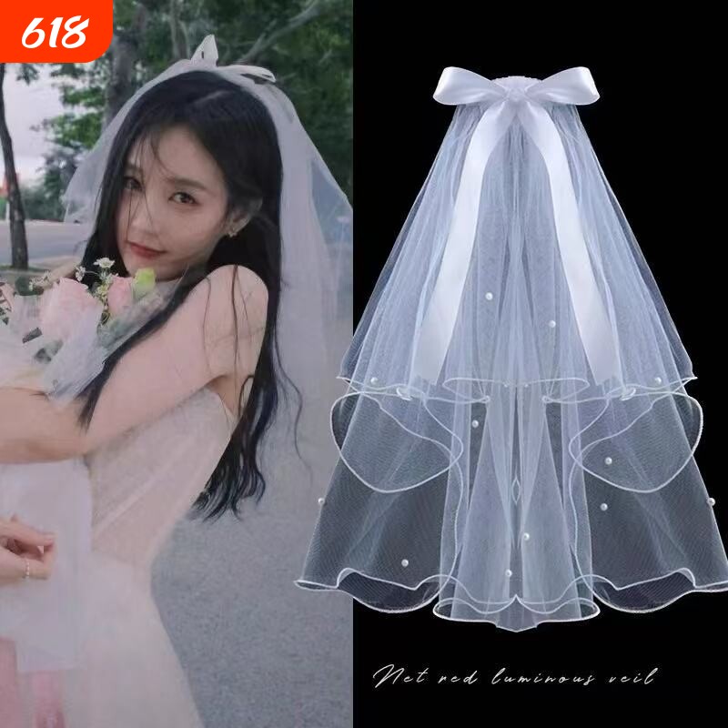 领证头纱求婚登记拍照道具新娘主婚纱简约蝴蝶结头饰长款轻纱发饰