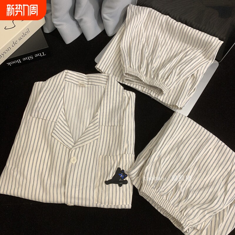 红豆男士睡衣纯棉夏季短袖三件套装条纹黑猫大码开衫薄款可外穿家