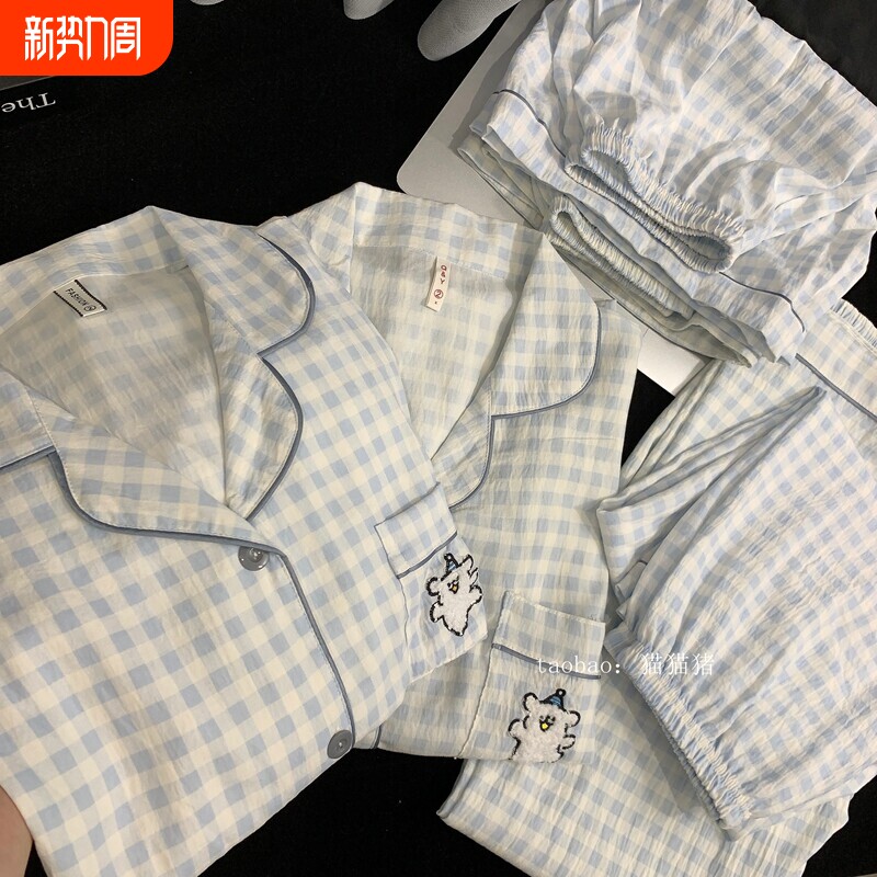 红豆刺绣纯棉纱情侣睡衣女夏季短袖三件套学生男士宽松家短裤睡眠