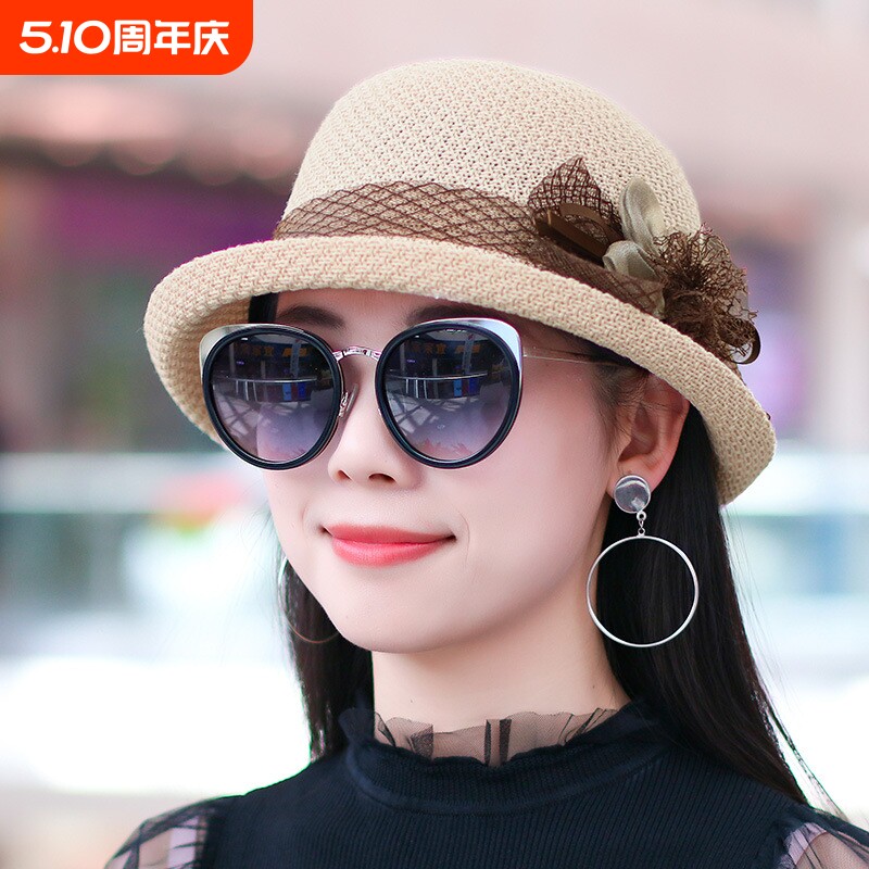 夏季英伦花朵礼帽卷边太阳帽女时尚遮阳防晒帽子法式户外网纱盆帽