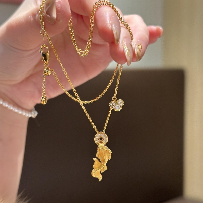 925复古新中式财源鱼跃拉丝鲤鱼金钱项链国风小众贵气精致锁骨链