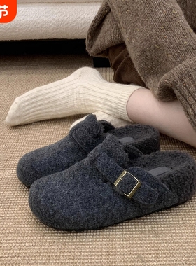 他她女孩内增高灰色毛毛鞋女2025秋冬勃肯鞋加绒包头毛呢平底毛绒