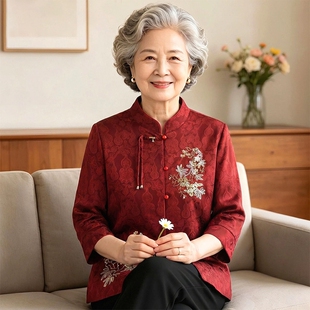 奶奶夏装国风衬衫2026新款老年人女妈妈红色婚宴礼春秋老太太套装