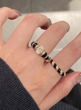 黑天鹅vinatge中古复古风戒指女老钱风黑色珐琅叠戴开口戒指百搭