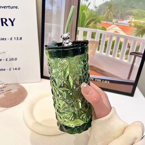 玻璃吸管水杯新款高颜值小熊吸管杯家用钻石杯可爱创意杯多规格