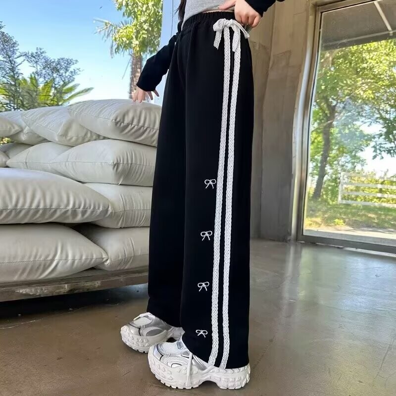 女童裤子秋冬2026新款儿童蝴蝶结直筒阔腿裤大童冬季加绒运动卫裤