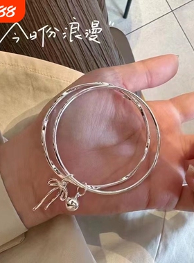 【幂琳】银手镯女纯银9999双环闭口蝴蝶结铃铛足银手镯简约百搭首