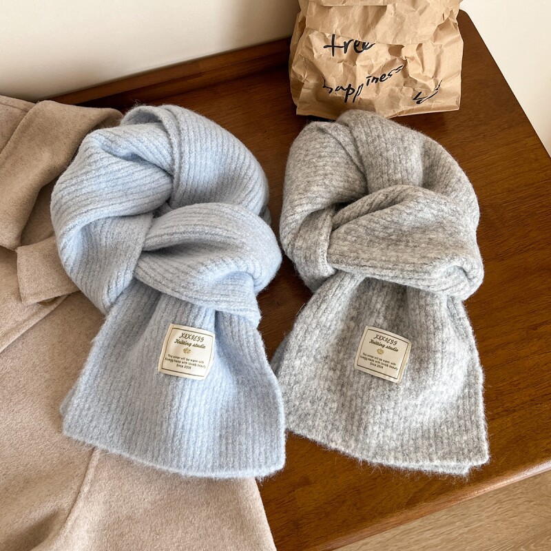 ins风围巾男女生秋冬季针织羊毛加厚保暖感围脖白色紫色浅灰米色