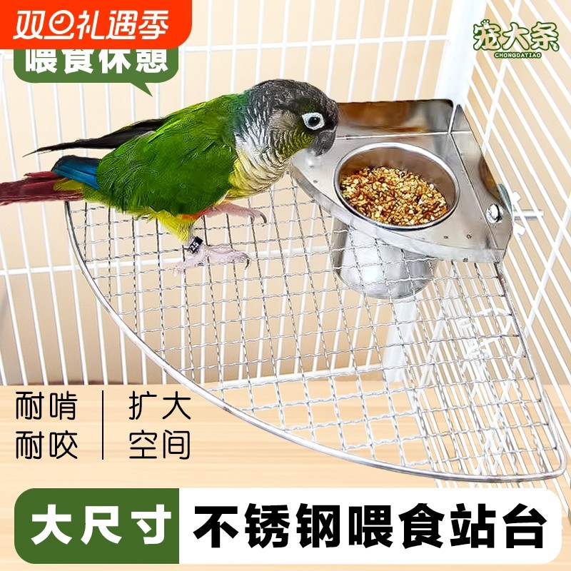 鹦鹉不锈钢喂食架虎皮玄凤休息平台鹦鹉扇形站板带喂食盒站台