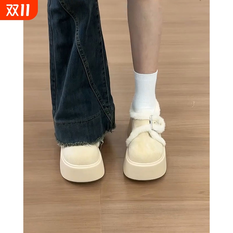 加绒松糕厚底勃肯棉鞋女冬季外穿2025新款小个子复古保暖毛毛鞋子
