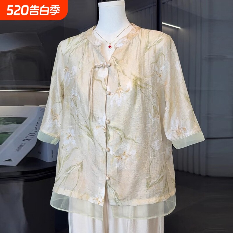 中国风妈妈装夏季衬衫女短袖夏装新款中老年人气质薄款衬衣两件套