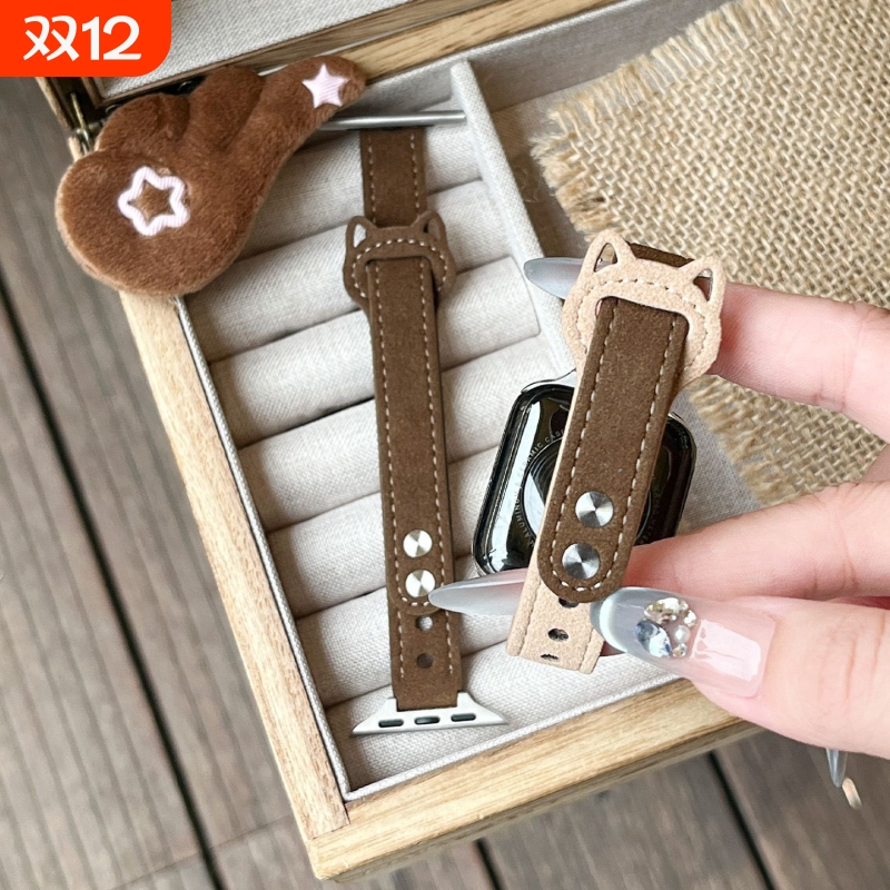 适用Apple watchS11表带猫耳反扣双钉扣苹果手表10翻毛皮9/8/7/6/5/4百搭腕带创意ultra秋冬棕色拼色智能配件