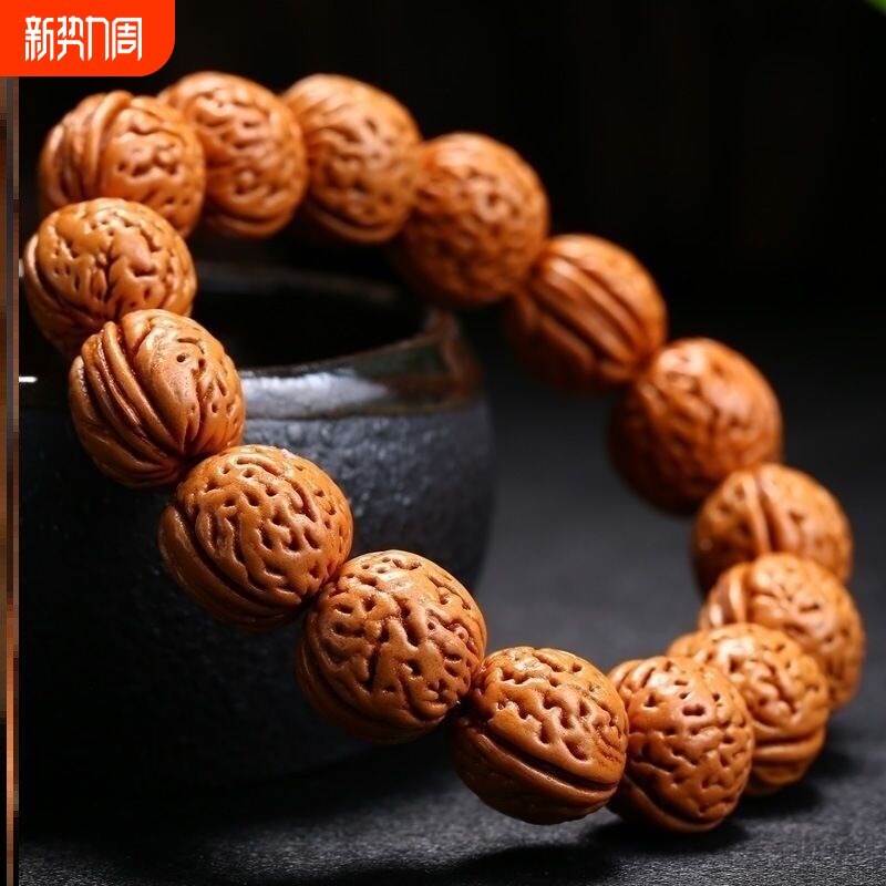 核桃手串脑纹麒麟纹手把件盘玩桃核佛珠念珠正圆手链男女