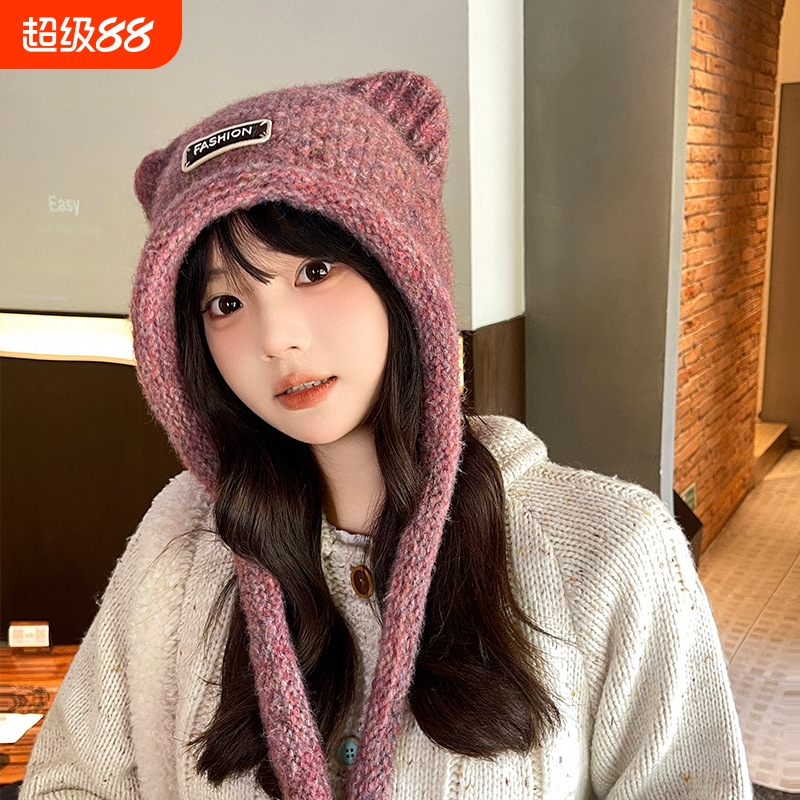 新款秋冬季毛线可爱小熊耳朵帽子大头户外保暖防寒甜美针织包头帽