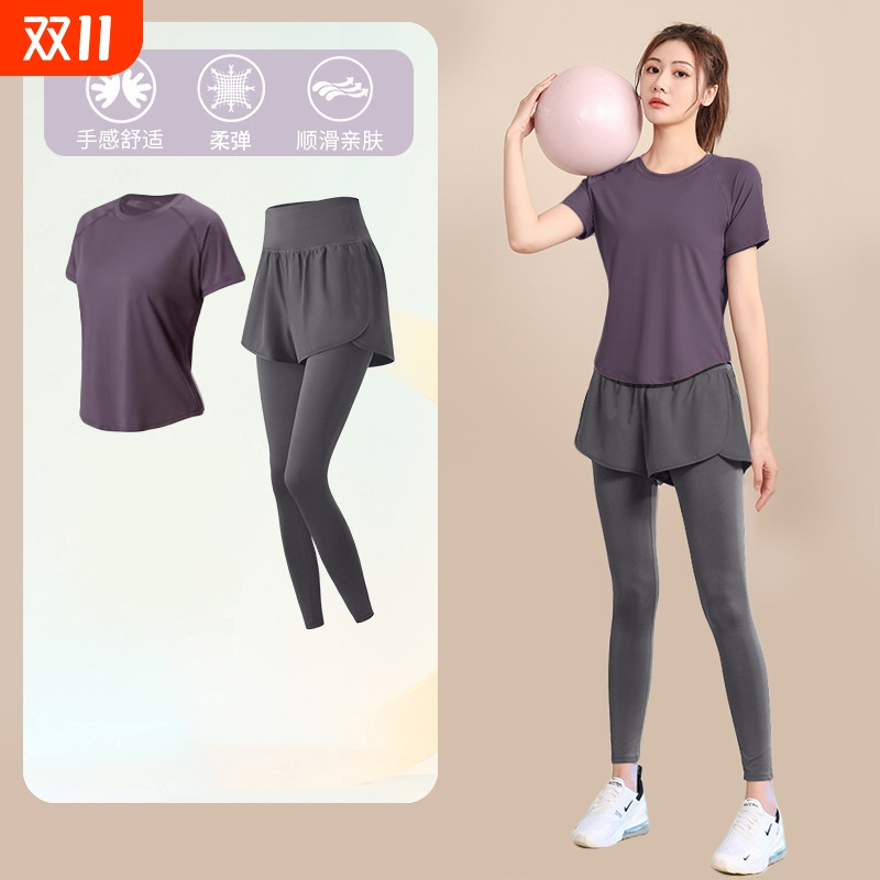 健身衣夏户外运动套装女宽松显瘦瑜伽服短袖弹力速干衣跑步服白色