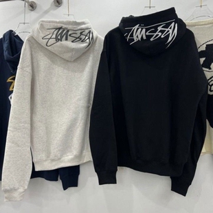 斯图西Stu连帽卫衣刺绣帽子重磅高版本纯棉秋冬加绒亲子帽衫黑色