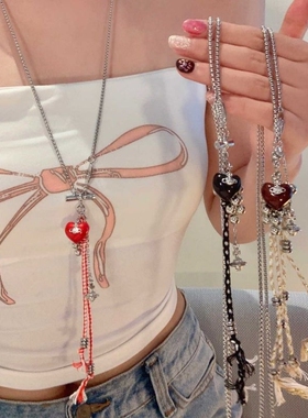 韩系彩色爱心长项链女轻奢高级感独特长款颈链配饰毛衣链红色黑色