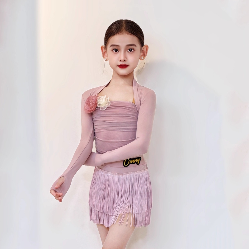 臻舞秋冬女童拉丁舞服练习服高级感长袖披肩花朵吊带上衣流苏裙