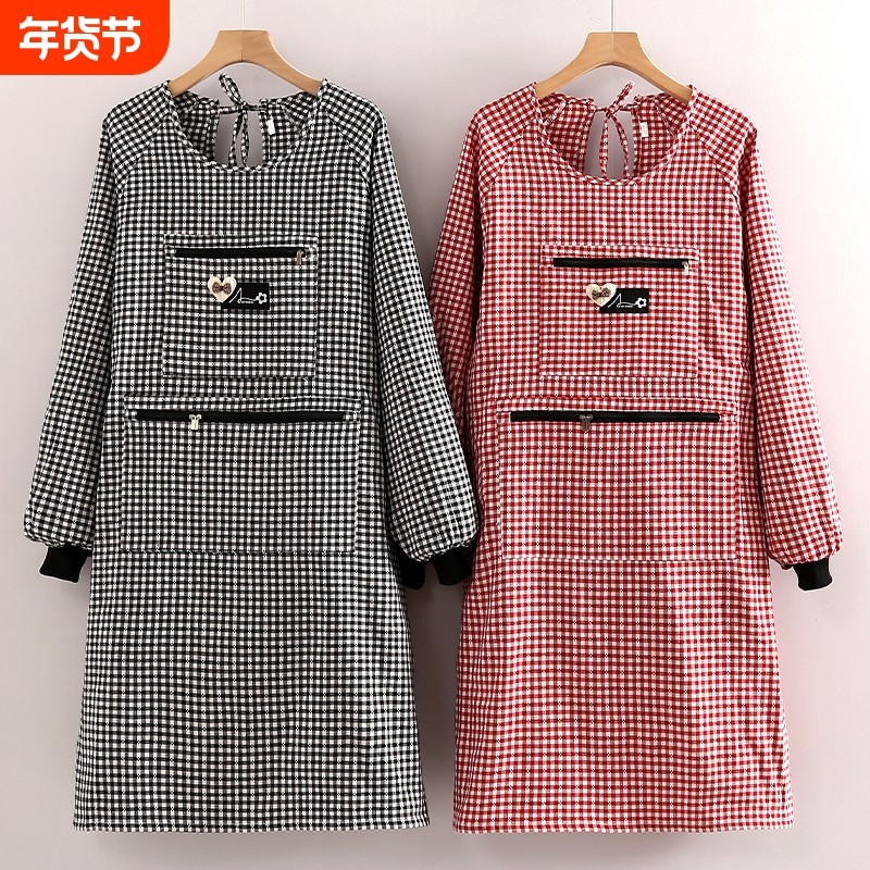 拉链大口袋围裙厨房餐饮专用轻薄透气款格子长袖男女同款罩衣耐磨