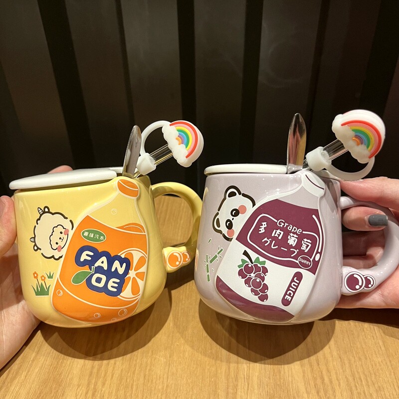 情侣杯子一对马克杯带盖勺女生高颜值饮料吸管杯卡通喝水杯陶瓷杯图片
