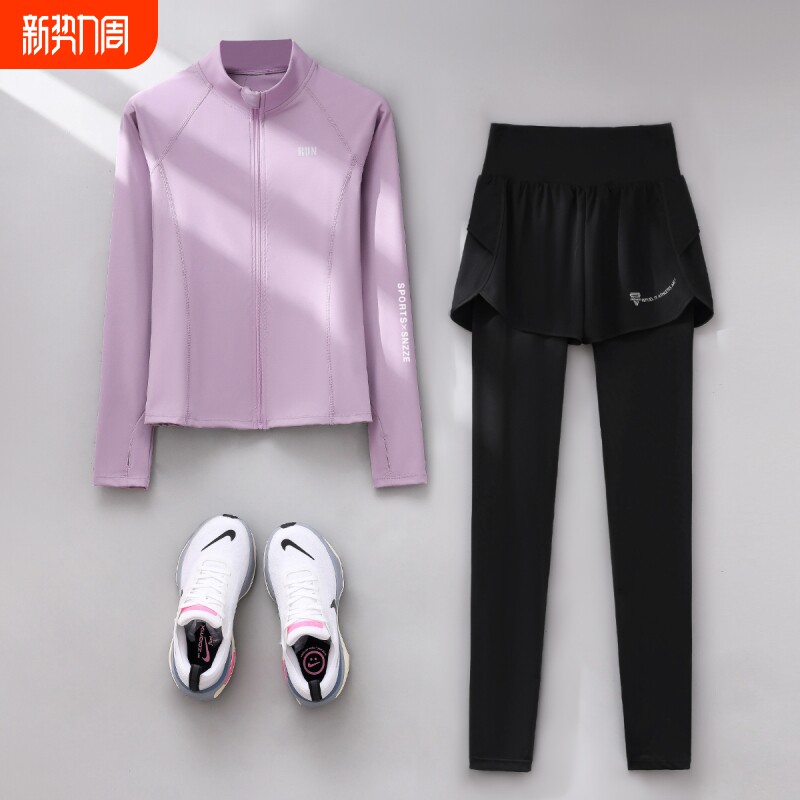 跑步套装女晨跑服春季薄款透气速干显瘦瑜伽服户外有氧爬山健身服