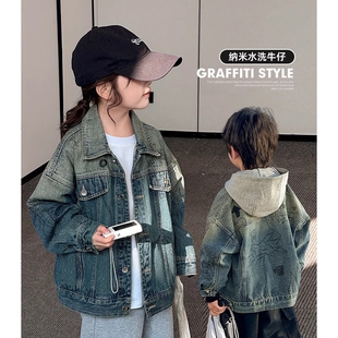 童装女童牛仔外套中大童春秋季新款百搭宽松上衣女孩时髦涂鸦衣服