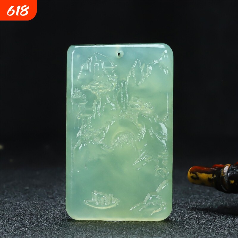 送证书天然高冰种浅绿色湖水绿岫玉江山如画山水牌玉石吊坠挂件