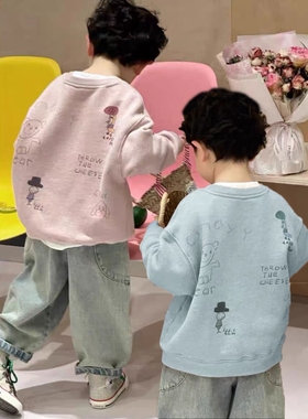 儿童卫衣秋季新款男童女童同款中大童宽松韩版套头衫长袖粉色蓝色