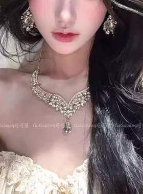 爆闪银色满钻项链耳环女贵气轻奢高级感晚会礼服锁骨链新娘配饰品