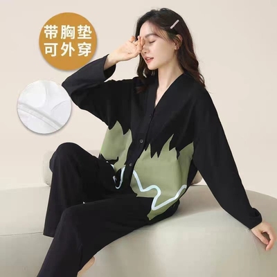 睡衣女款2025新款两件套装带胸垫大码高级感长袖家居服秋条纹外出