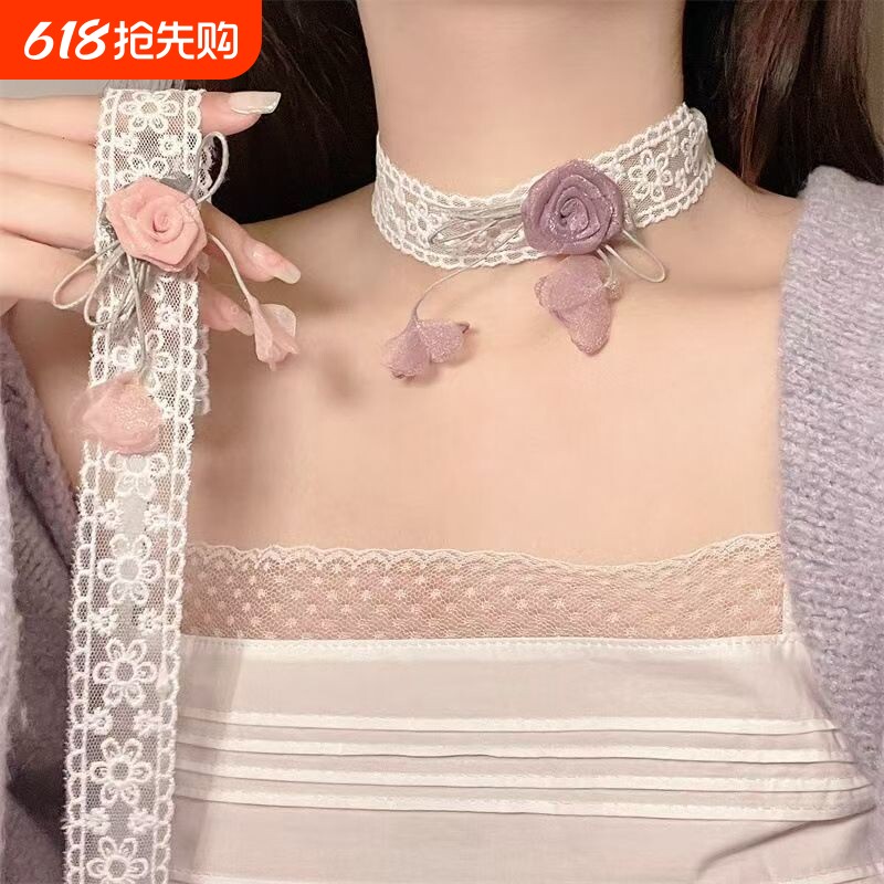 超仙玫瑰花蕾丝颈带海边度假风氛围感花朵项链女锁骨链脖颈链配饰