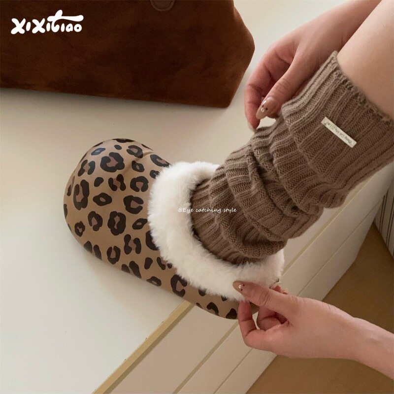 细细条 女冬保暖高级感厚底防滑月子鞋时尚豹纹室内外防水棉拖鞋