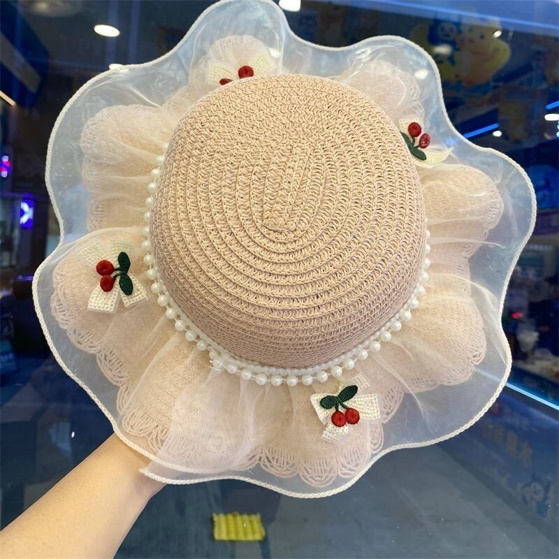 儿童防晒遮阳帽宝宝春夏帽子夏天小孩草帽蕾丝花边小樱桃带珠凉帽