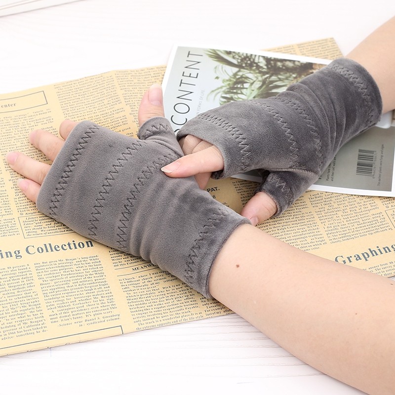 秋冬季半截绒半指手套防寒冻加绒男女短款高弹简约遮疤宽松保暖厚