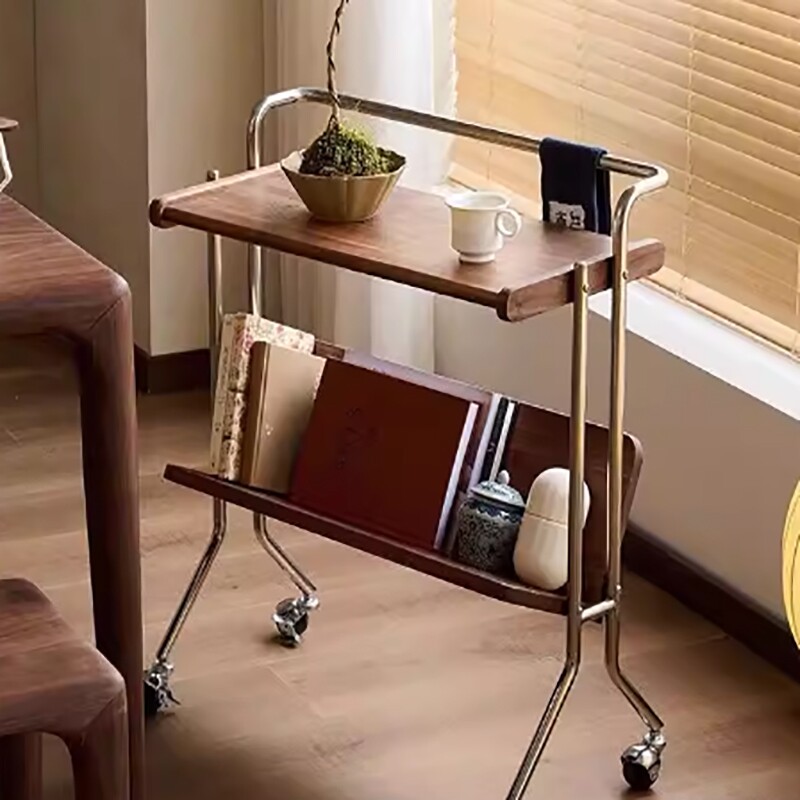 b中古可移动小推车沙发边几客厅复古实木茶几杂志书架床头置物架