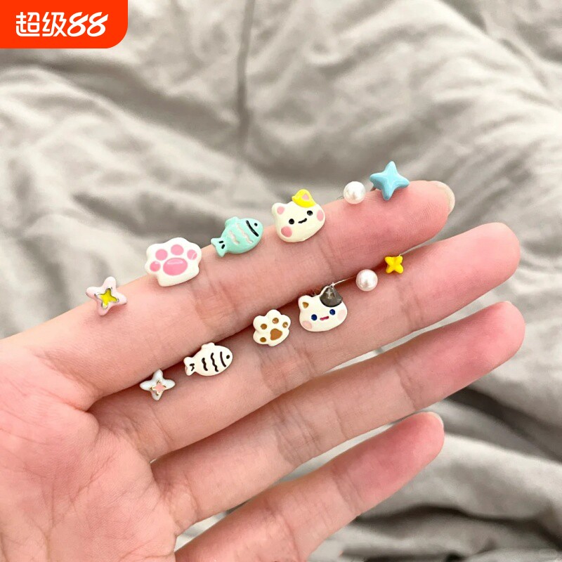 猫猫和小鱼~可爱套装耳钉女小众设计甜美耳环森系新款ins爱心星星