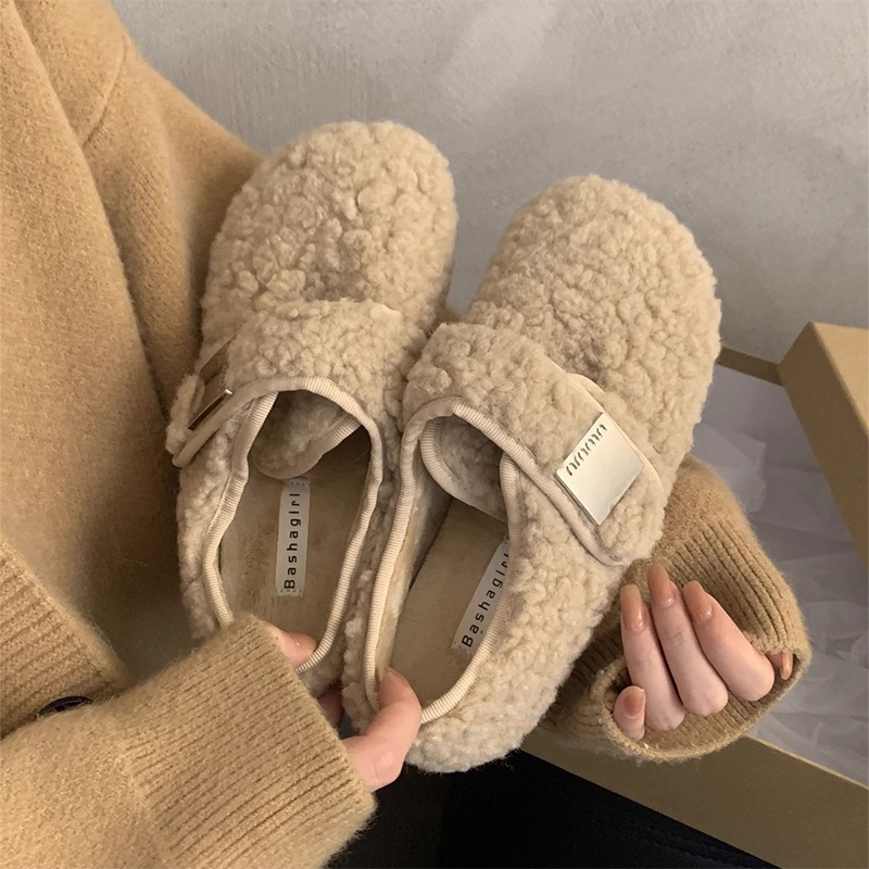 平底魔术贴一脚蹬超火羊羔毛毛鞋子女冬外穿2025新款加绒豆豆棉鞋