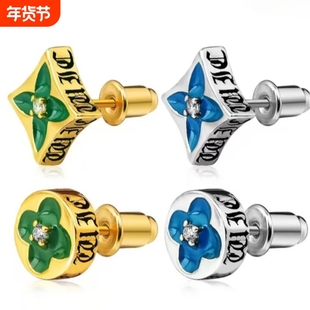 925银耳针金绿银蓝四叶花新贵风耳钉时尚高级感个性耳饰