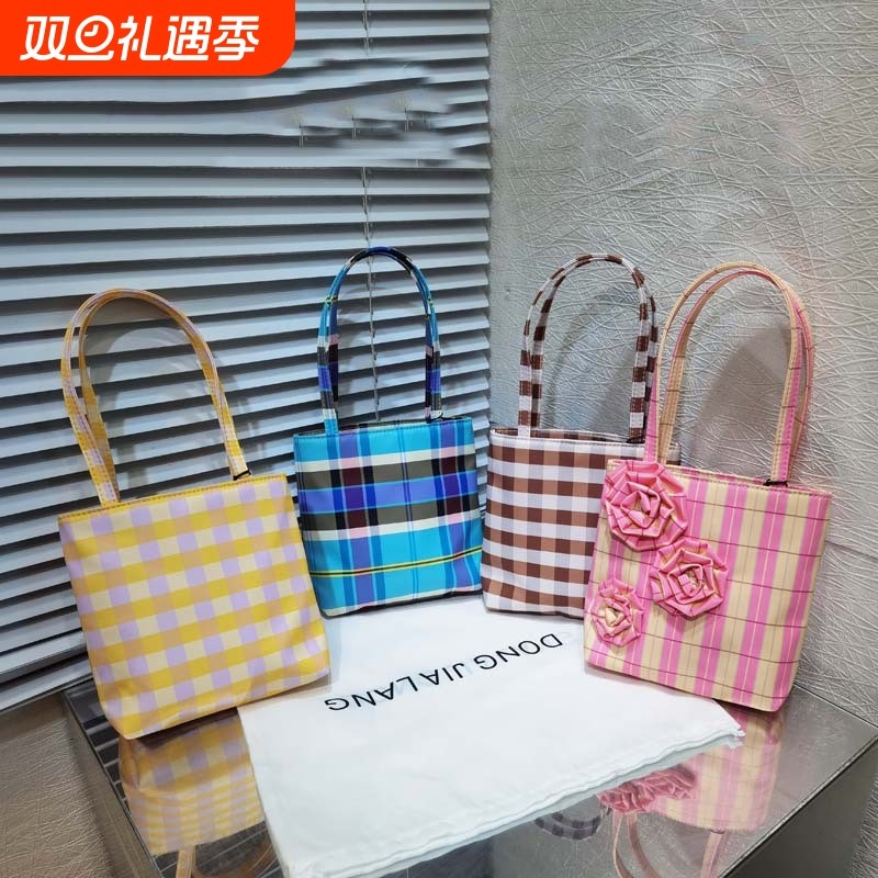 手提包新款潮包包女印花格子女包简约百搭小方包轻潮包