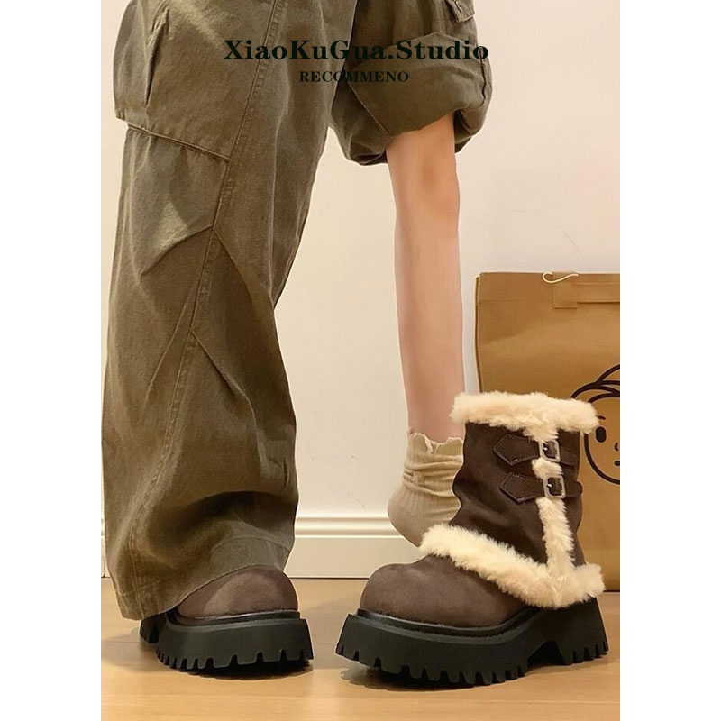 厚底中筒雪地靴女款2025新款冬季皮毛一体加绒阿勒泰保暖毛毛棉鞋