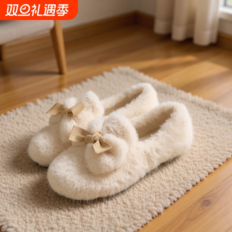 一脚蹬豆豆鞋白色毛绒毛毛鞋子女2025秋冬季外穿加绒孕妇绒面黑色