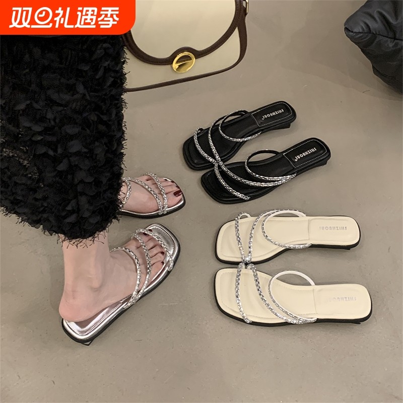 低跟法式水钻小凉拖鞋外穿女鞋2025新款夏季仙女风配裙子银色凉鞋
