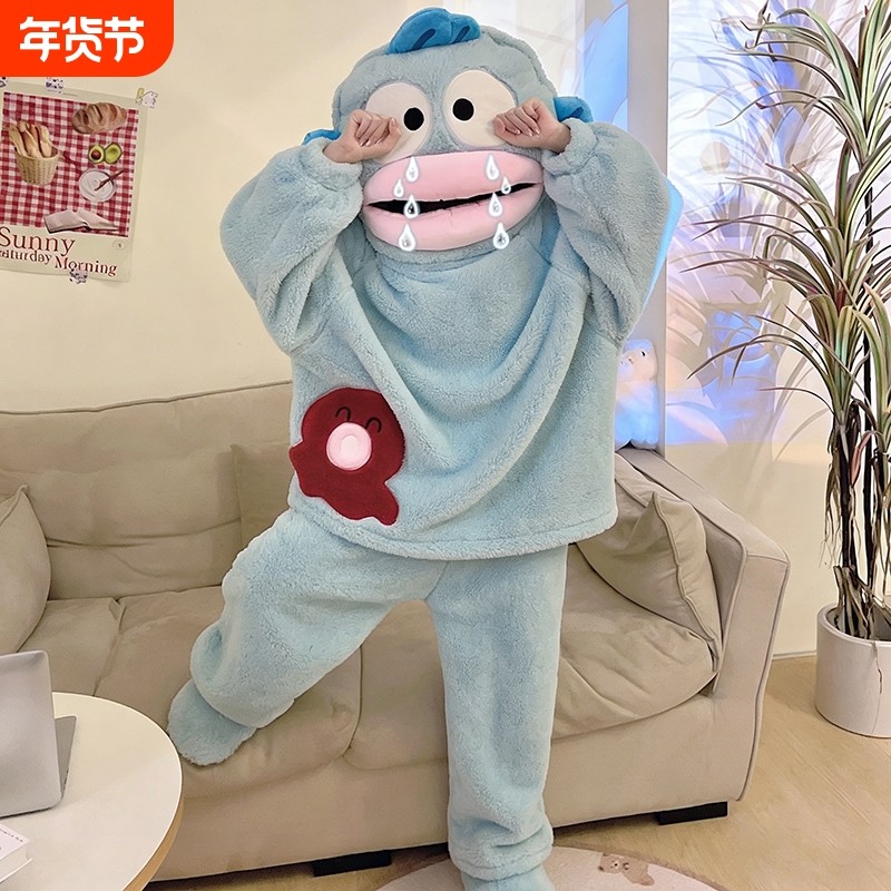 汉顿丑鱼可爱搞怪套装睡衣男女情侣亲子秋冬加厚珊瑚绒卡通家居服