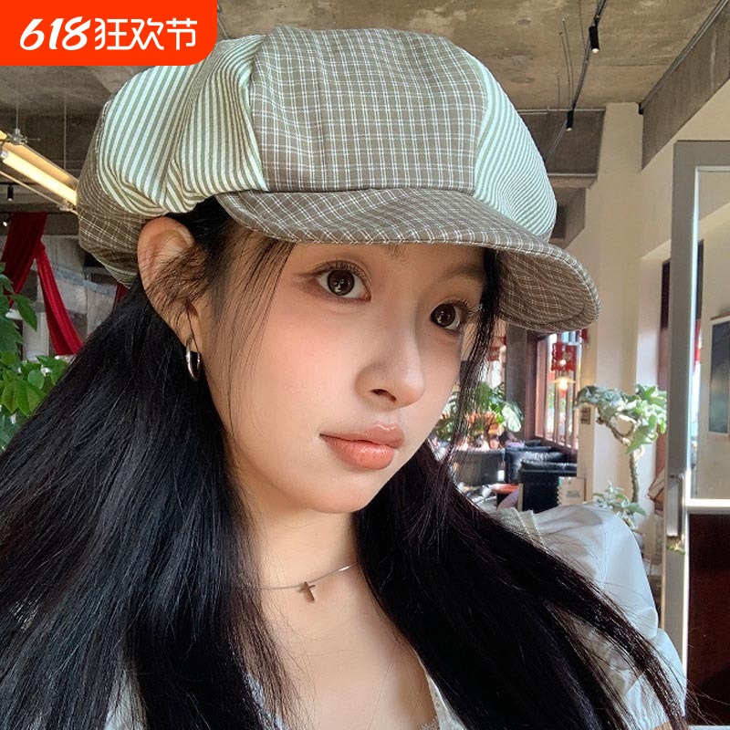 【热卖】格子贝雷帽女夏季复古画家帽大头围显脸小报童帽子春秋云