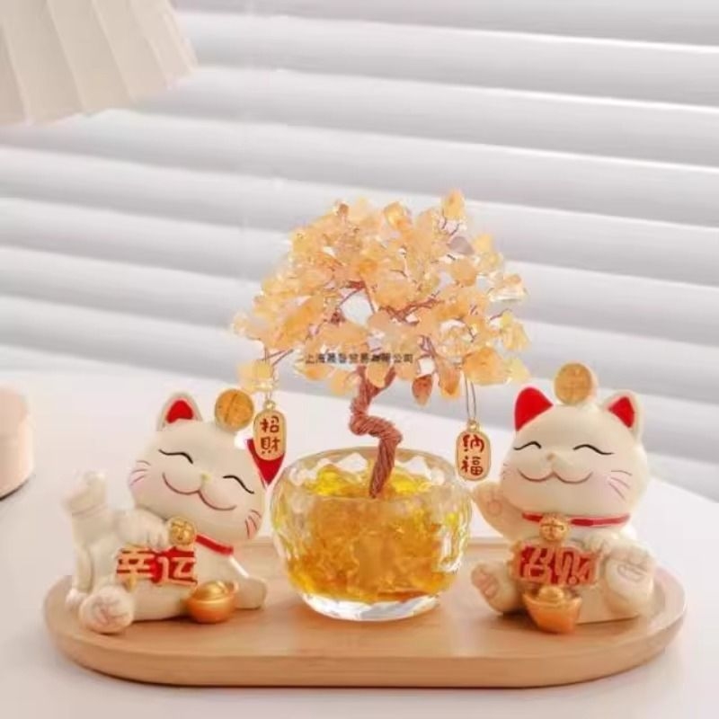 黄水晶发财树招财猫入户玄关摆件家居装饰办公室招财乔迁生日礼物
