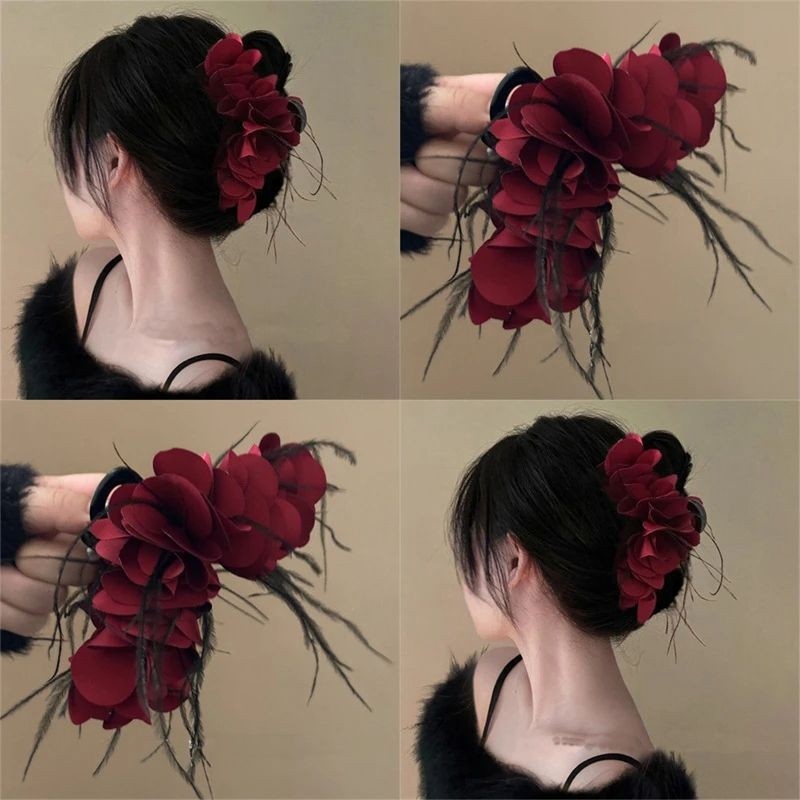 红色羽毛花朵抓夹女后脑勺发夹高级感2025新款大号发量大鲨鱼夹