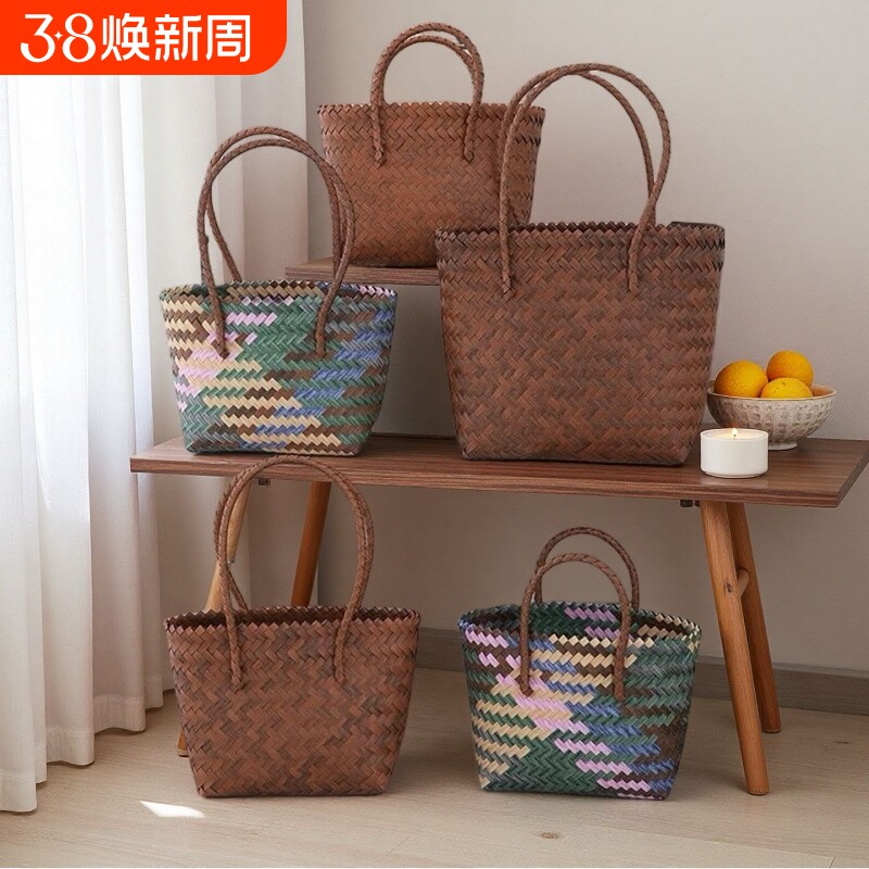 手工编织菜篮子竹节手提包草编包包复古大容量纯手工编织包时尚