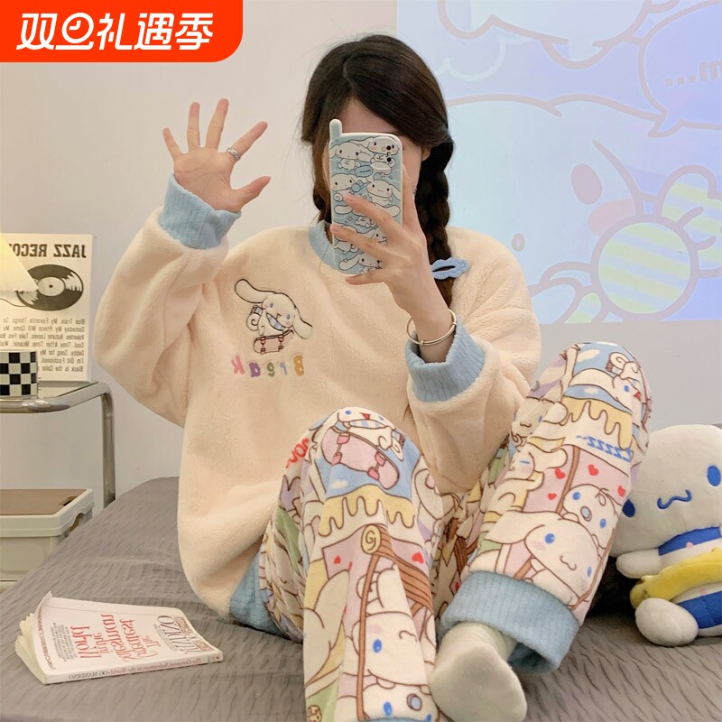 法兰绒睡衣女学生网红可爱卡通加绒加厚保暖冬季珊瑚绒家居服套装